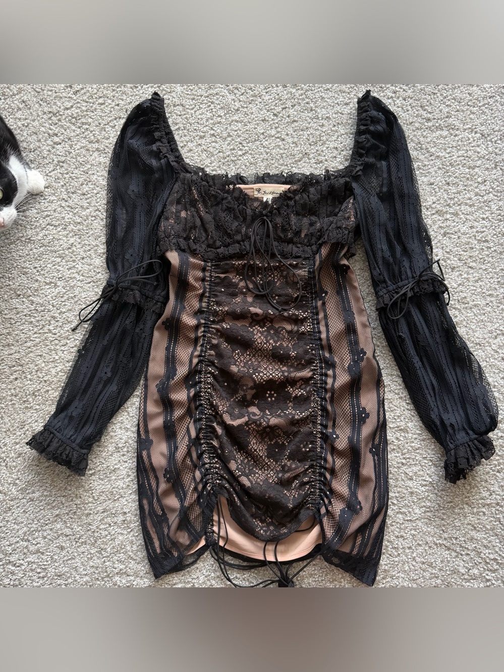 For Love & Lemons Monroe black lace mini dress with puff sleeves